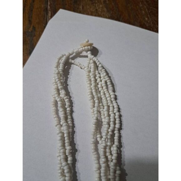Vintage Abalone Seashell Multi Strand White Glass Seed Bead Necklace - Picture 4 of 8